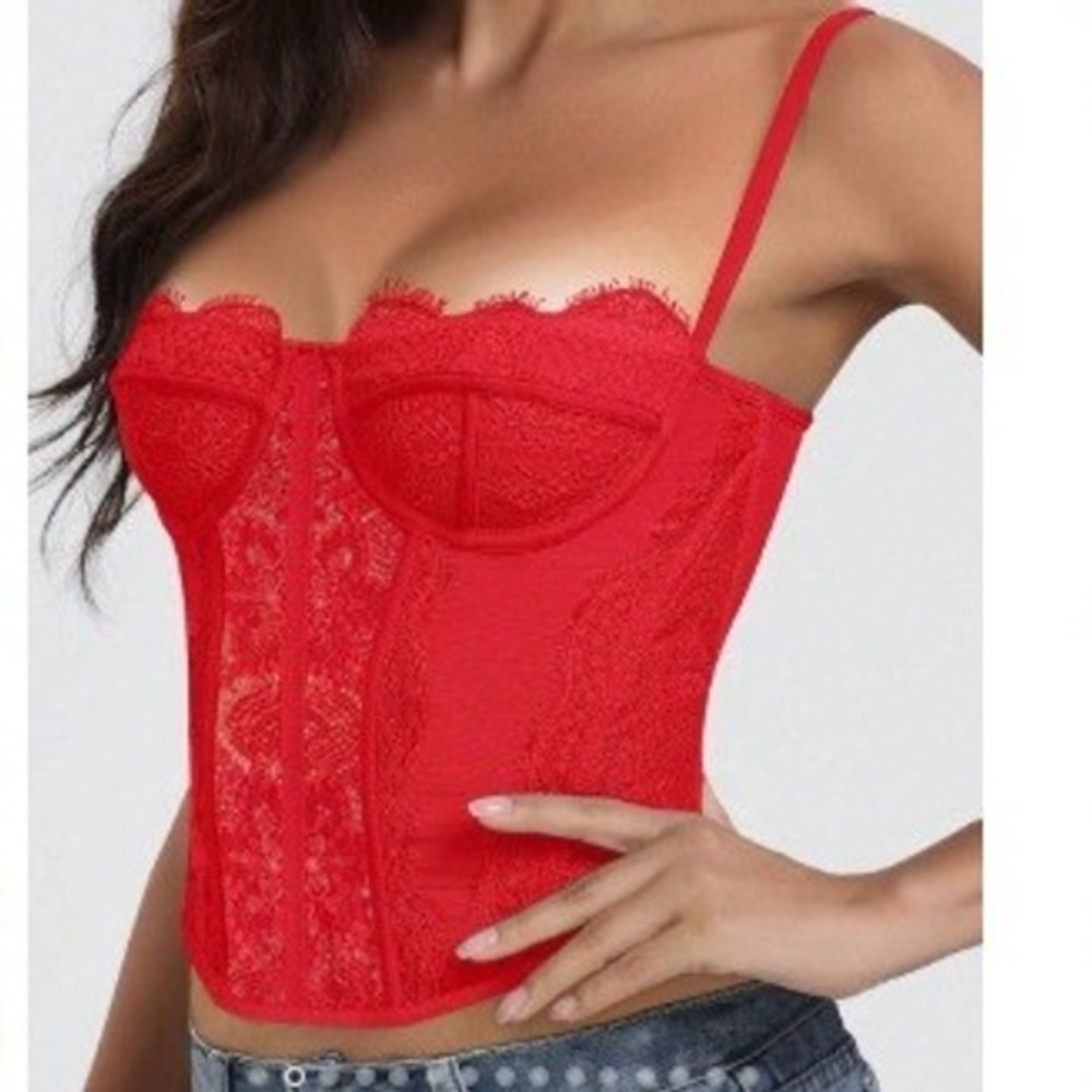 Dealmore Women's Sz Small Corset Bustier Top Red Floral Lace Mesh Underwire Crop